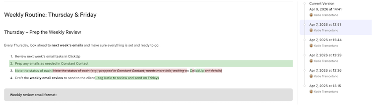 ClickUp Doc version history showing previous edits, update dates, and changes to a business SOP.)